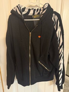 Aviator Nation Black Zip-Up Hoodie with Zebra Stripe Hood Lining- Medium